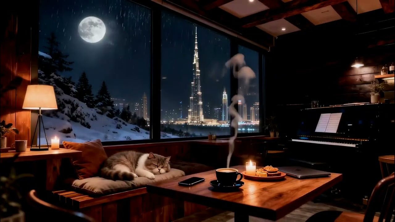 Cozy Wooden Café with Cat and Smooth Jazz Sounds