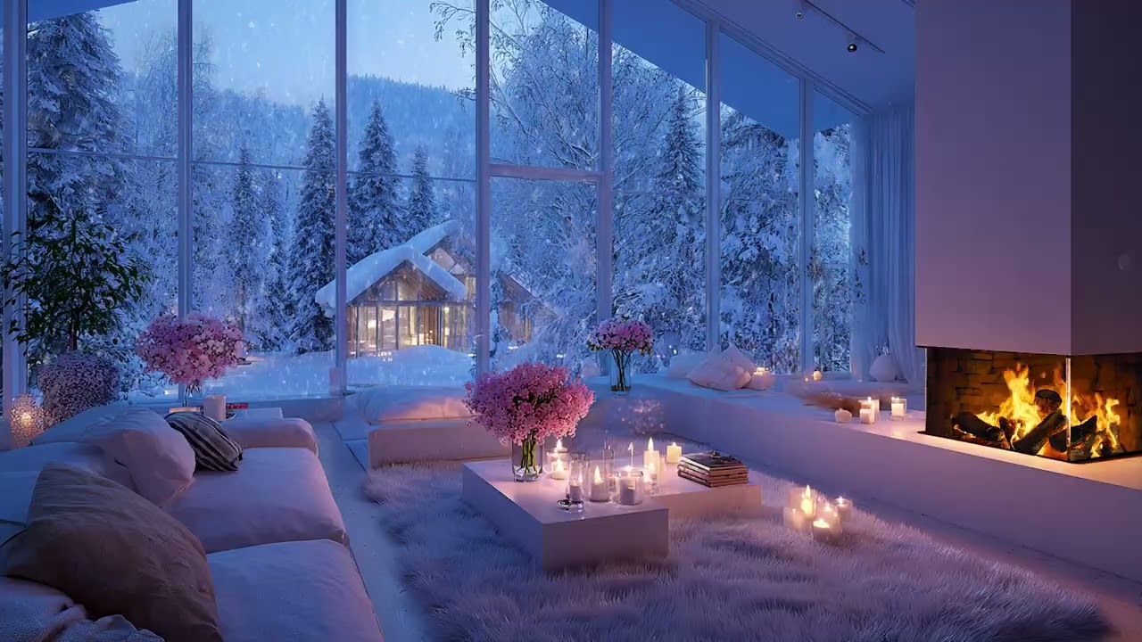 Winter Snow Wind Outside, Fireplace Warmth Inside for Relaxation, Focus and Cozy Night Ambience