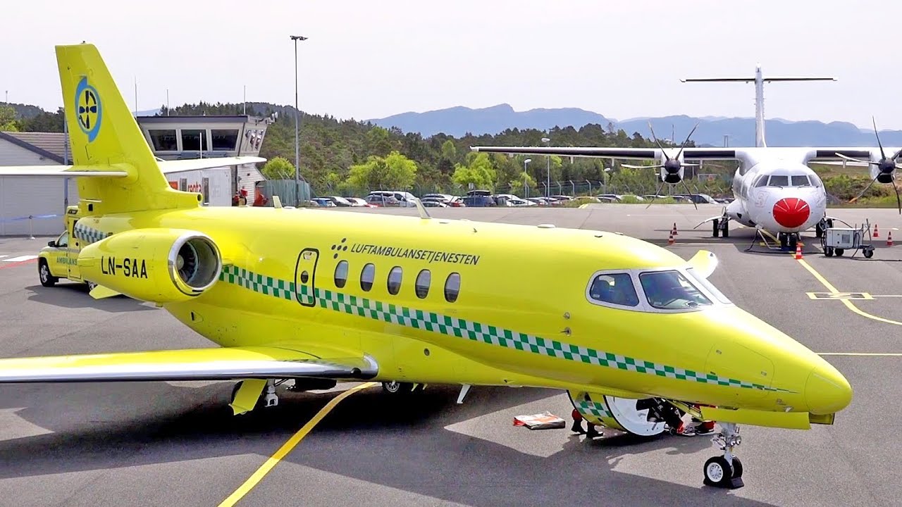 Ambulance Cessna 680A Citation | Noisy start up and takeoff | Stord airport, may 2025