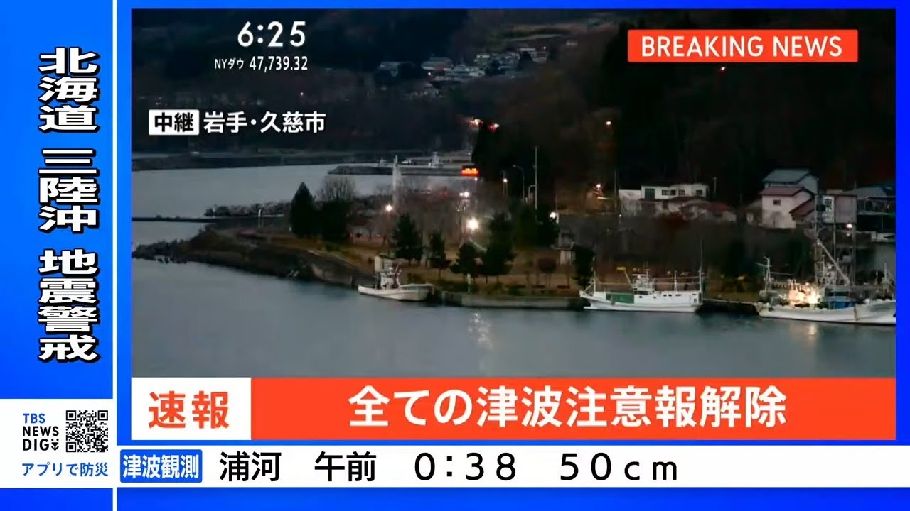 【ライブ】津波注意報全て解除　北海道・青森・岩手・宮城・福島に発表　青森・三八上北で震度6強（2025年12月8日）｜TBS NEWS DIG
