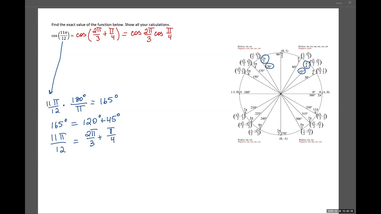 Sum identity for cosine, angle in radians
