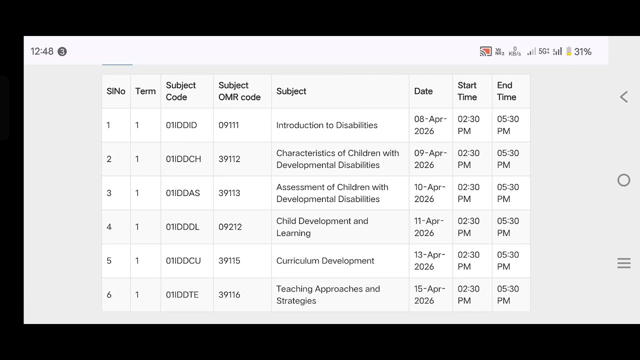 DEDSE date sheet Supplementary Exam 2026, NBER RCI 2026 8 April 2026