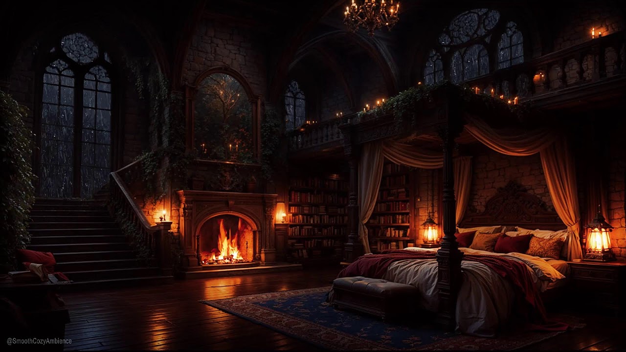 Gothic Castle Bedroom Thunder Rain Warm Fireplace Sounds