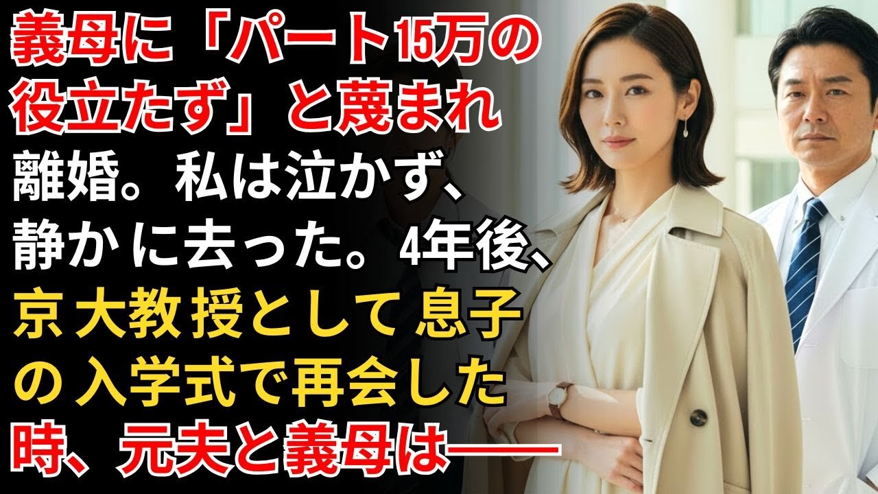 離婚届に判を押した瞬間、元夫は「お前はパートで月15万しか稼げない役立たず」と嘲笑した。しかし私は実はケンブリッジ博士で——4年後、京都大学教授として息子の入学式で再会し、彼は完全に言葉を失った...