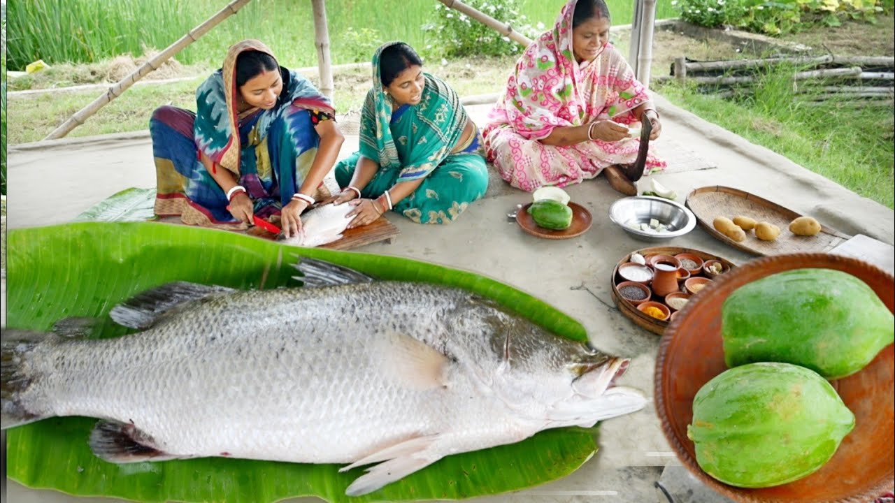 Amazing Big fish cutting || 3.5kg ওজনের ভেটকি মাছের পাতুরি বানালাম সাথে পেঁপের সবজি রান্না