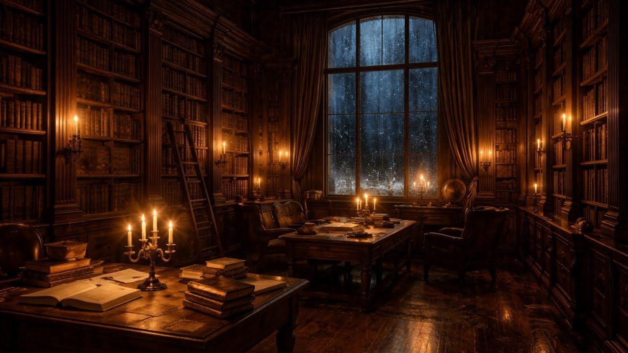 Dark Academia Study Ambience — Snowfall in the Library | Candlelight & Winter Calm | 3 Hours