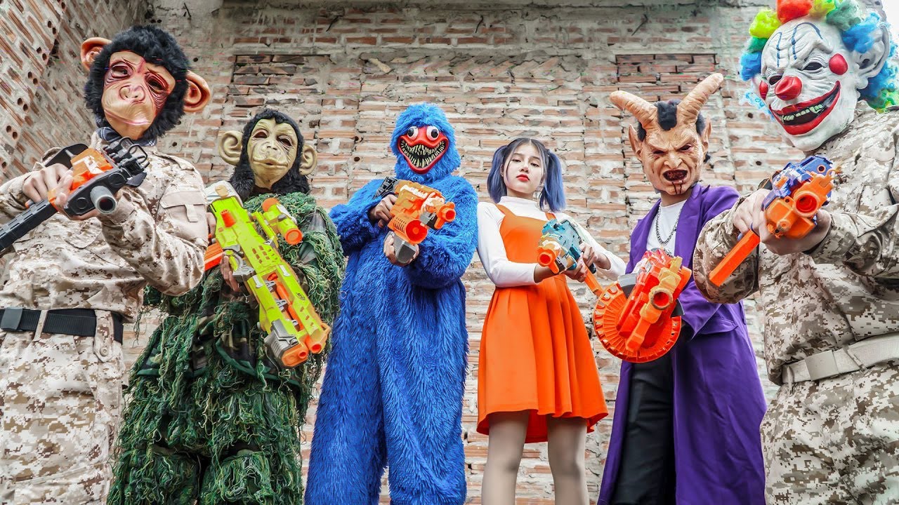 Mask Nerf War: Alpha Girl Nerf Guns Fight Crime Hellboy Mask Hunter Monster Huggy Xicman's Evil Plan