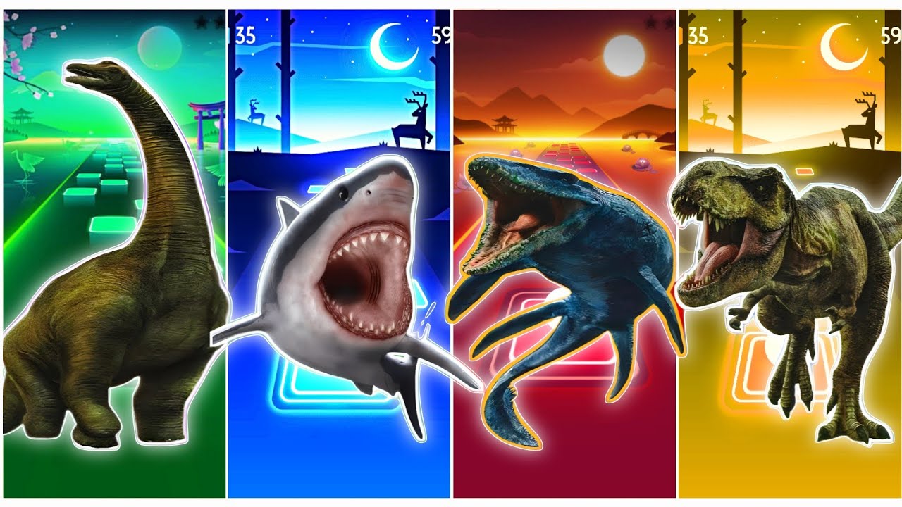 JurassicWorld T-rex Spider🆚The Mosasaurus🆚The Tyranosaurus🆚The Insdoraptor CoffinDance Song TilesHop