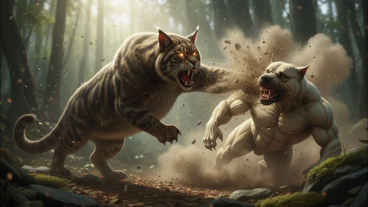 Cat+tiger vs big muscle dog fighting 😱
