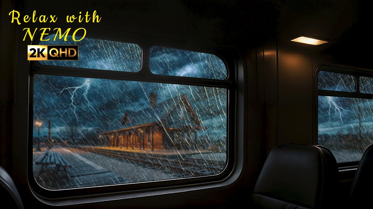 Stormy Night Train Ride 🚂 Dimly Lit Passenger Train Ambience for Sleep / Thunderstorm & Train Sounds