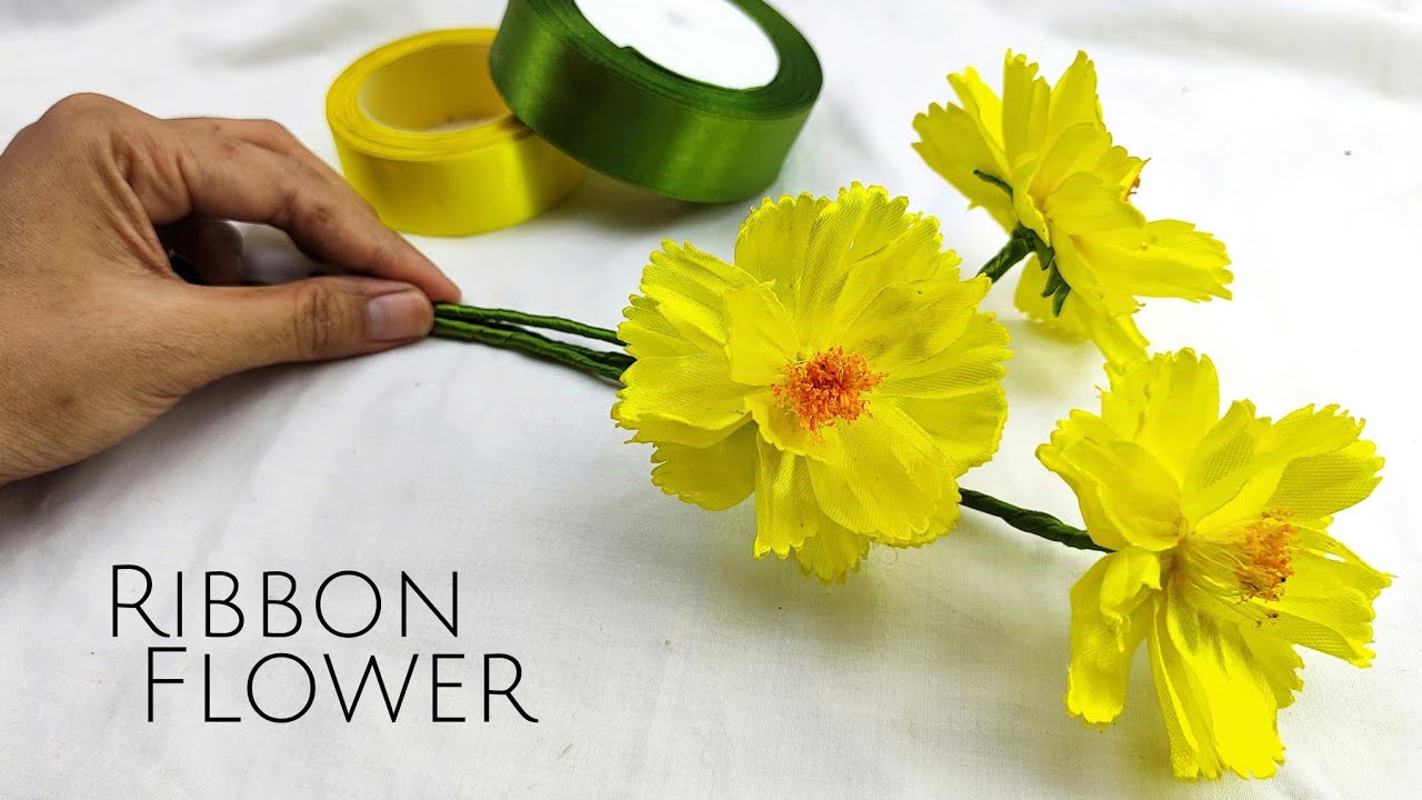DIY ribbon flower/how to make Cosmos flowers with satin ribbon