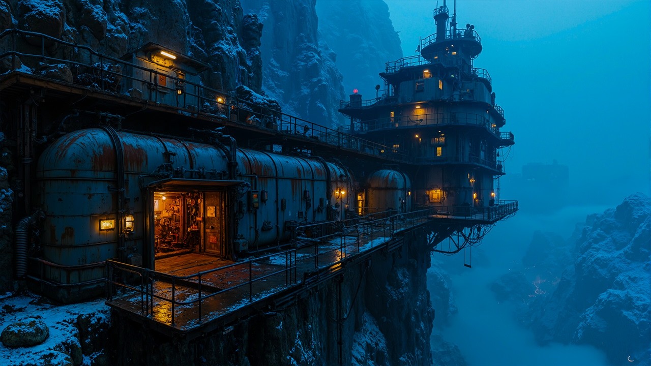Cyberpunk Cliffside Outpost ❄️ | Snowy Futuristic Base & Deep Sci-Fi Winter Ambience | 4K