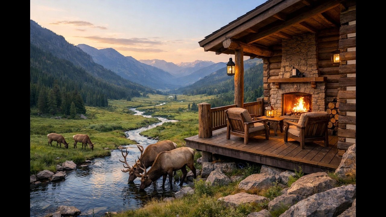 Sitting on the porch by the fire looking at the elk drinking by the stream