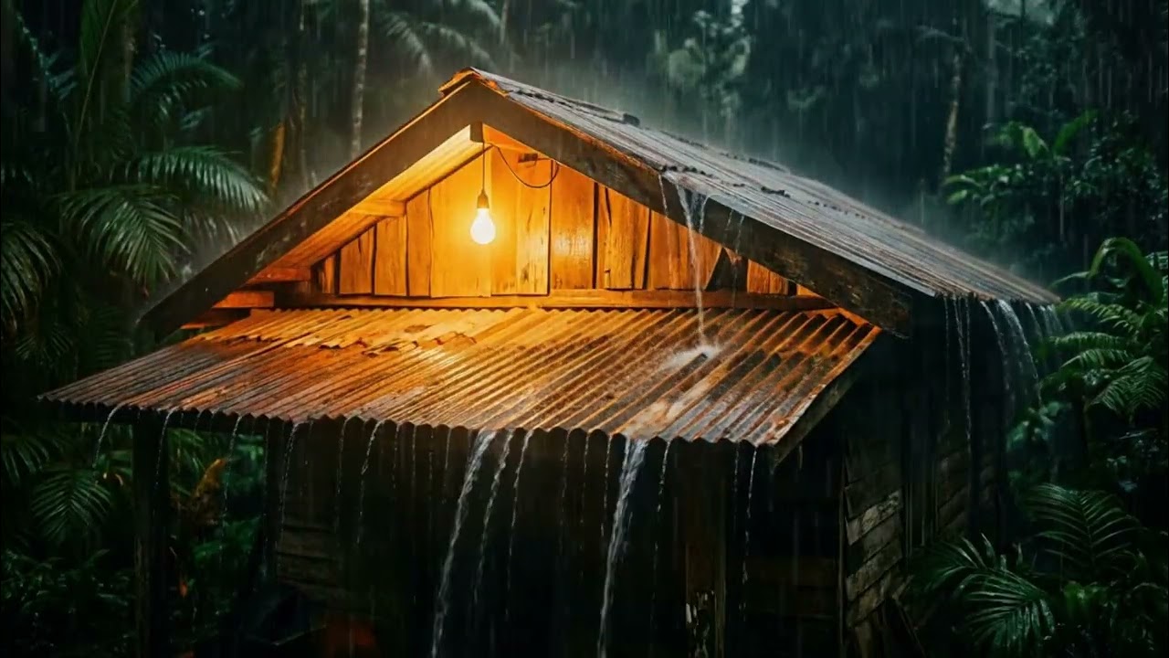 RURAL LIFE IN A TRADITIONAL HOUSE  HEAVY RAIN ON A TIN ROOF, RAIN FOR SLEEPING, RELAXING