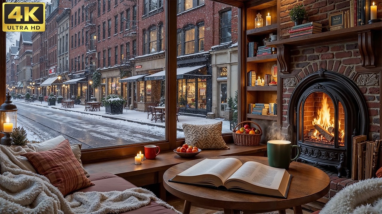 Quiet Winter Coffee Shop Ambience ❄️ Soft Jazz Piano & Fireplace Sounds for Relax, Study & Work