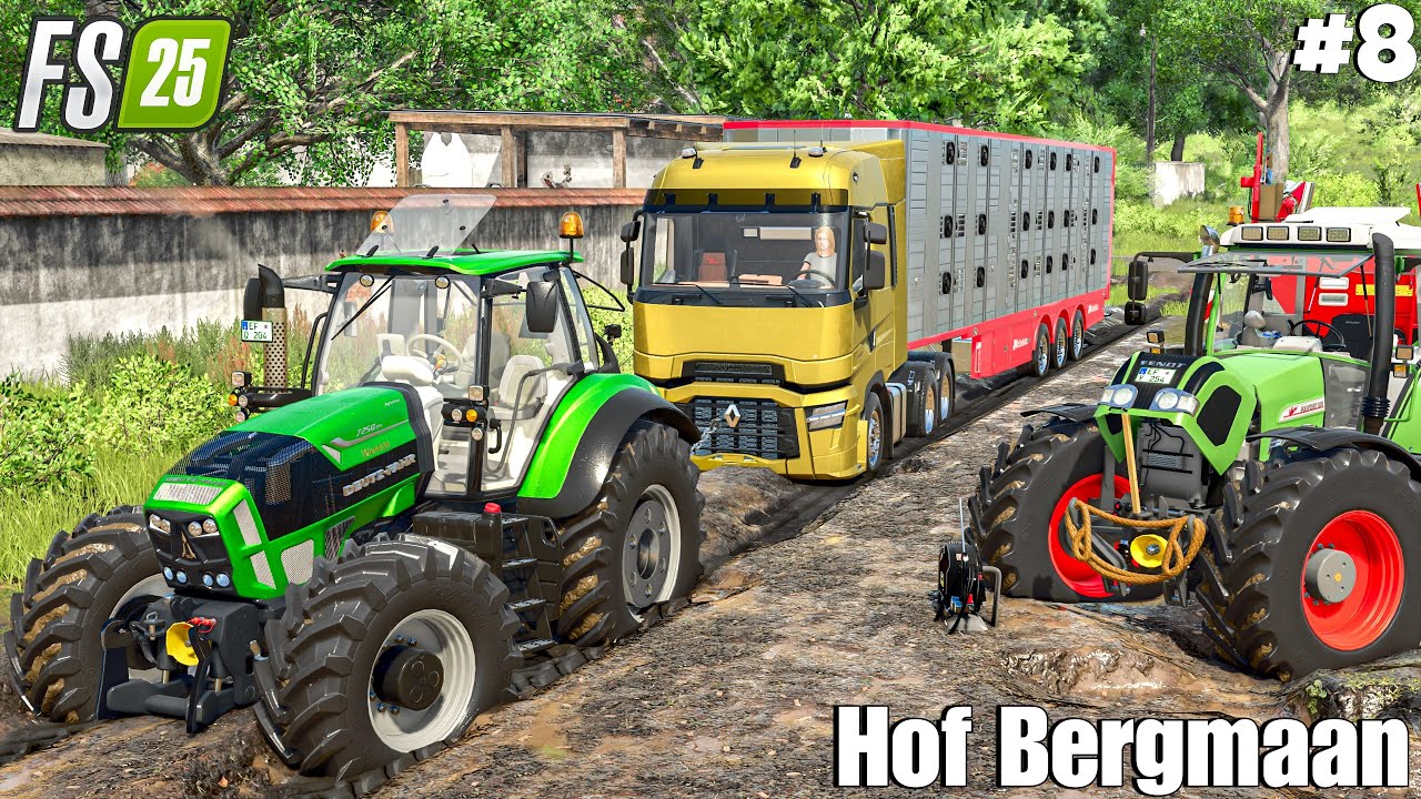 Tractor Rescue, Pulling a Stuck Livestock Truck on a Mud | Hof Bergmaan | Farming Simulator 25