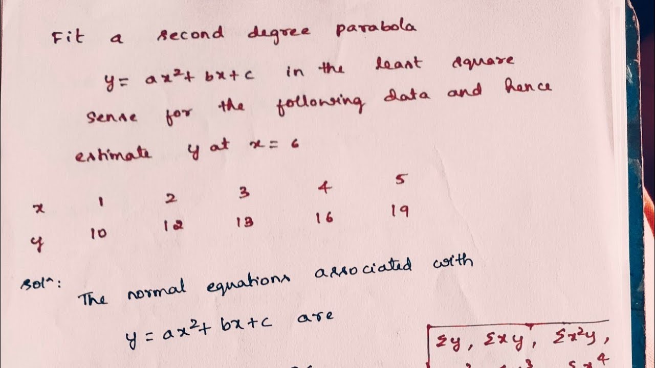 Second Degree Parabola Straight Line y=x^2+bx+c | Example Problem 1 | Curve Fitting
