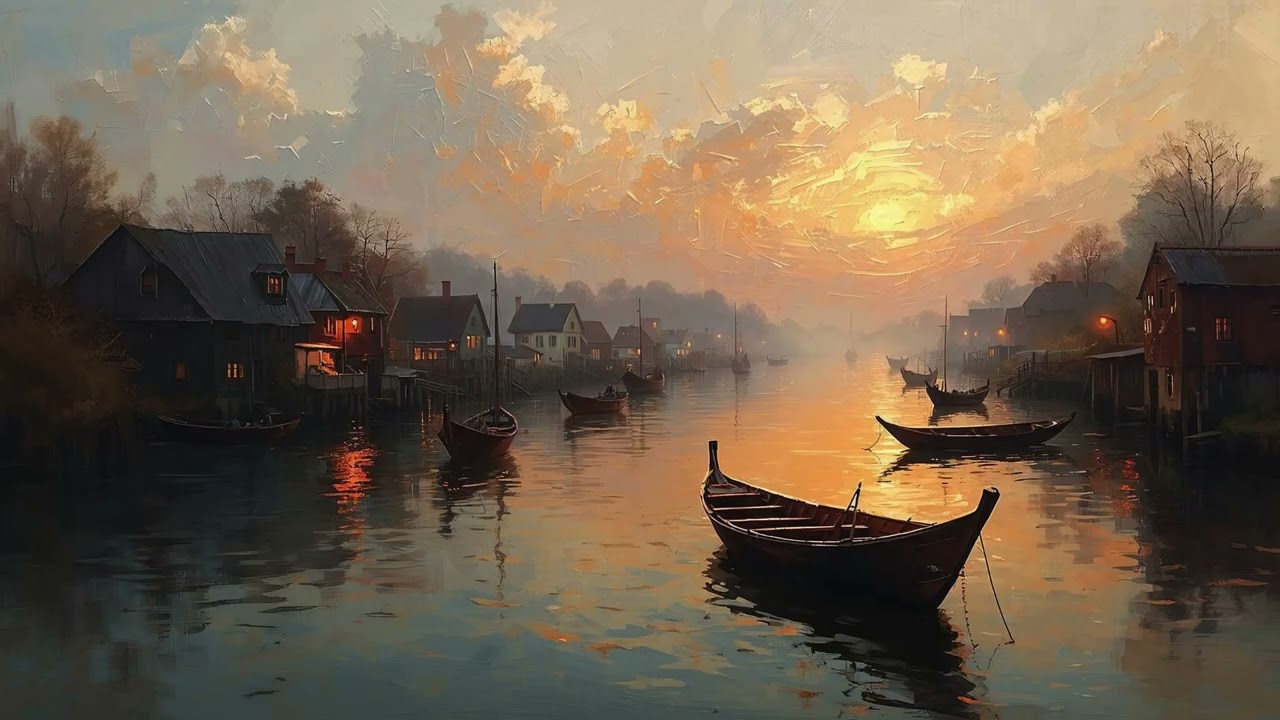 Peaceful River Village at Sunset | Art TV – Ambient Background Scenery (No ads)
