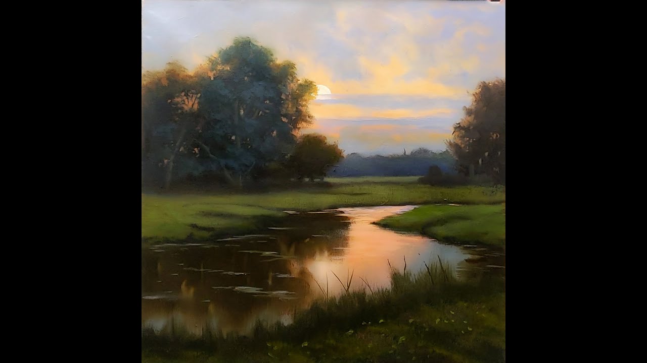 How to paint a landscape, trees, sky, fields, water, sunset. A fully narrated lesson.