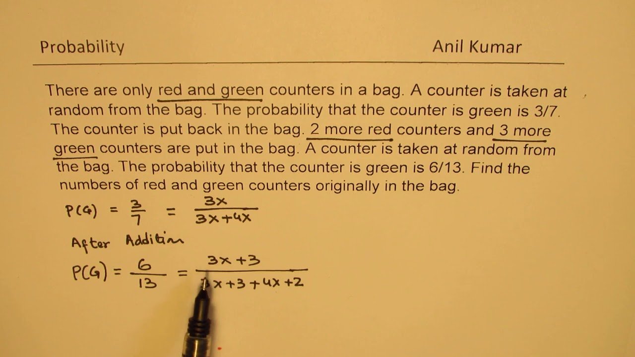 Probability GCSE when counters are added Find Original Number of Red and Green Counters