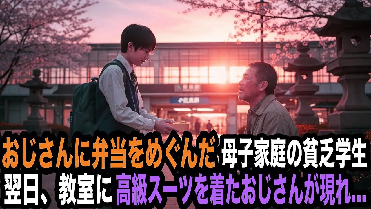 「これしかないけど…」おじさんに弁当をめぐんだ母子家庭の貧乏学生。翌日、教室に高級スーツを着たおじさんが現れ…