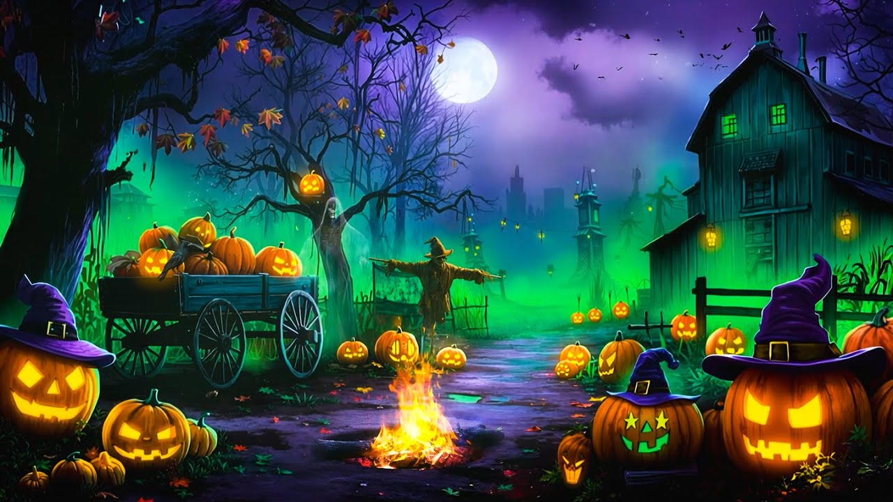 Haunted Pumpkin Farm Ambience on a Scary Halloween Night | Crackling Fire & Spooky Autumn Sounds