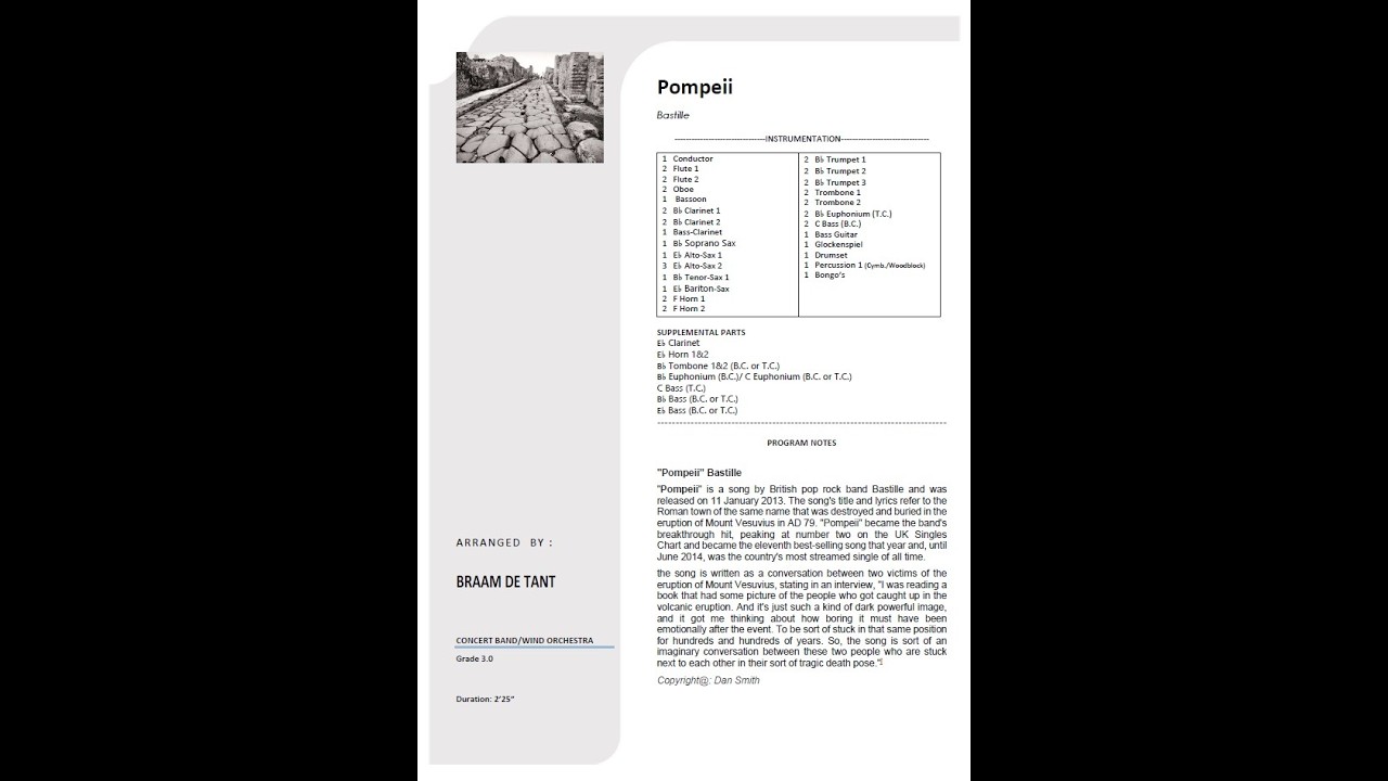 Pompeii - Bastille - arr. Braam De Tant - Wind Orchestra - Concertband - Sheet Music