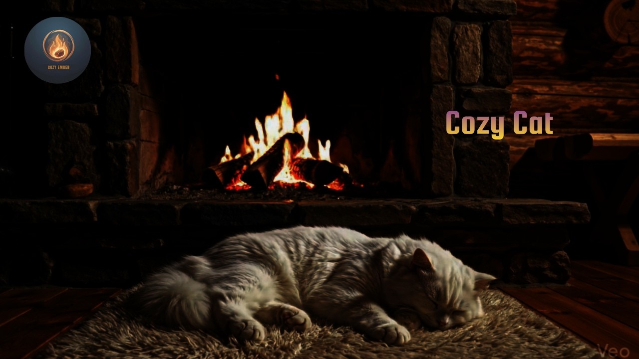 Cozy Cat Sleeping by the Fireplace 🔥 15 Minutes of Relaxing Crackling Fire (No Music)