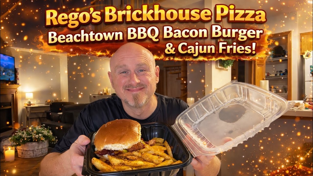Rego’s Brickhouse Pizza’s Beachtown BBQ Bacon Burger & Cajun Steak Fries (My Food Review)!! 