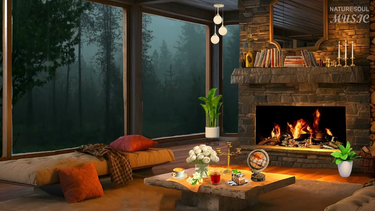 Rainy Forest Cabin with Fireplace 🔥 Relaxing Piano Music for Sleep, Study & Stress Relief