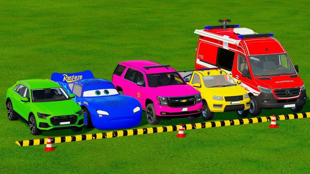 TRANSPORTING PIXAR CARS & FRUITS WITH COLORED & JOHN DEERE vs CLAAS vs TRACTORS - BeamNG.drive #983