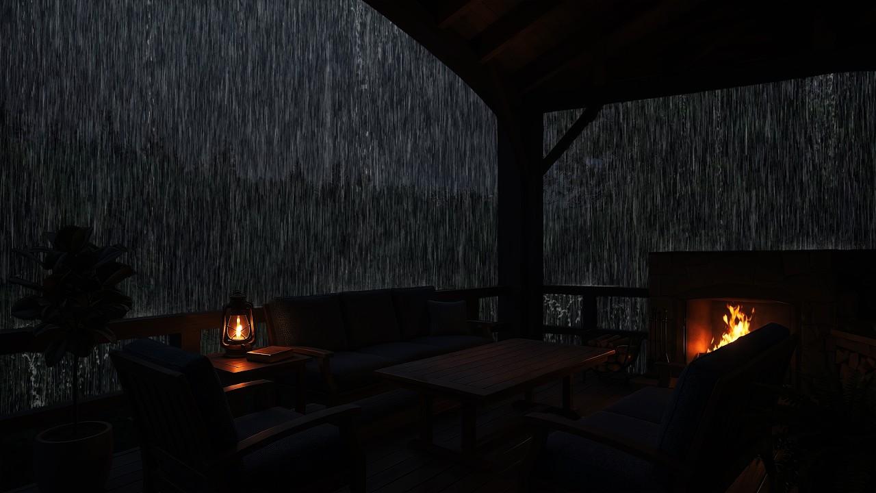 Rain lashes against the cabin window while the fireplace brings warmth for deep study