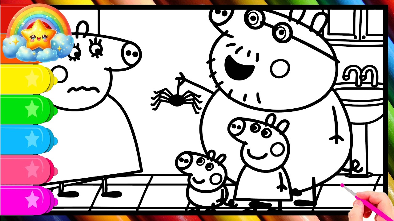 Peppa Pig Scared from Spider in bathroom Drawing Easy, Peppa Pig Drawing, Peppa Pig Coloring