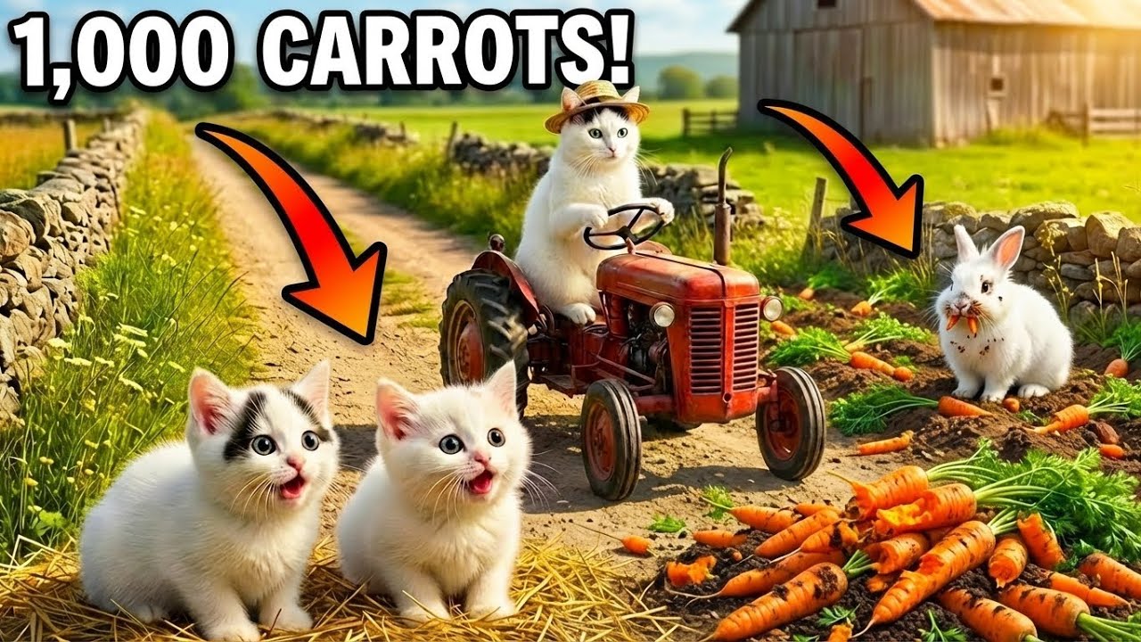 Mama Cat Goes to Work on the Farm While Kittens and a Baby Bunny Destroy a Garden of 1,000 Carrots