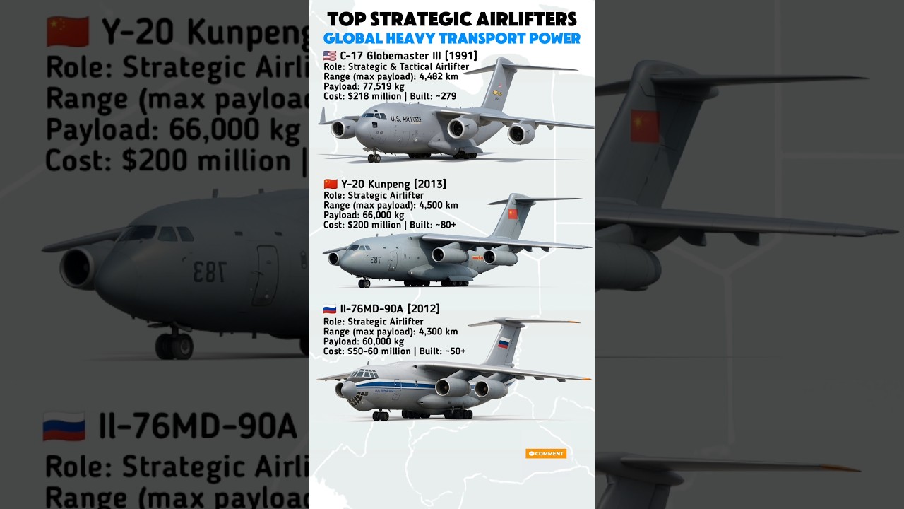 Top 3 Modern Military Transport Aircraft | C-17 vs Y-20 vs Il-76MD-90A