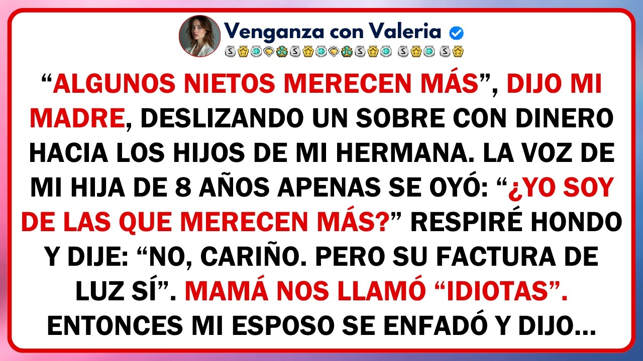 “Algunos nietos merecen más”, dijo mi madre, deslizando un sobre con dinero hacia los hijos de...