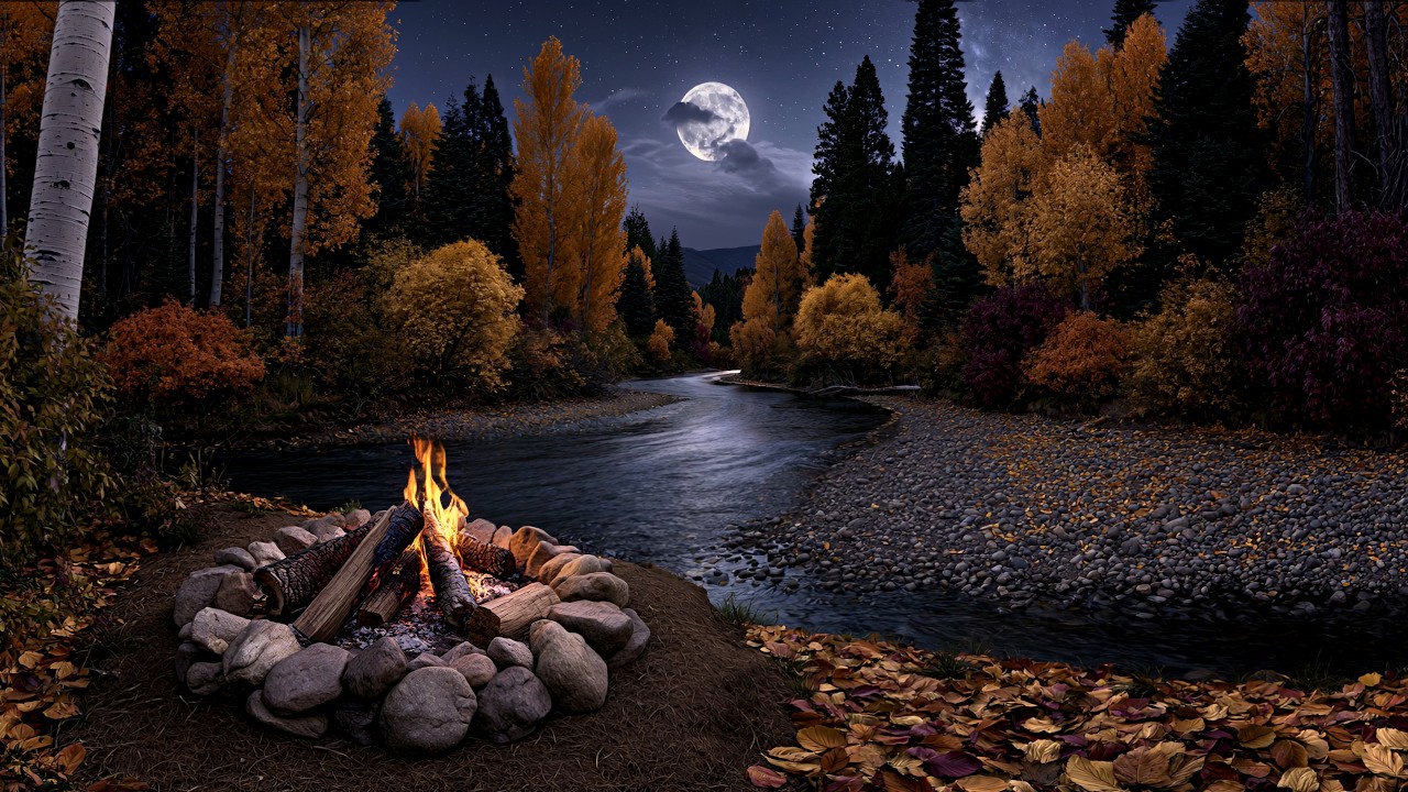 99% Relax Here Tonight 🍂 Beautiful Autumn Night Ambience, River Campfire Sounds for Fast Sleep Now