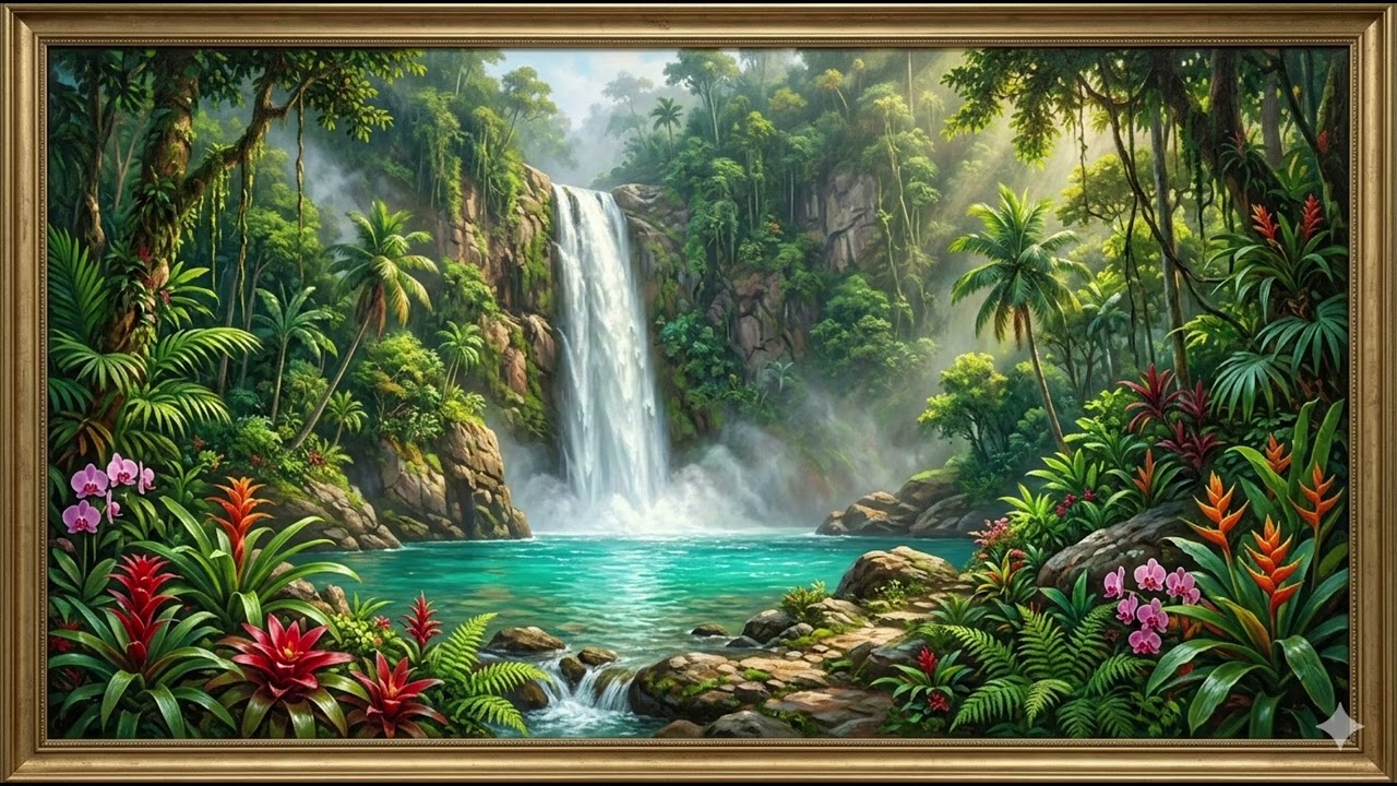 Tropical Waterfall Paradise  Elegant Frame TV Art  Nature Screensaver