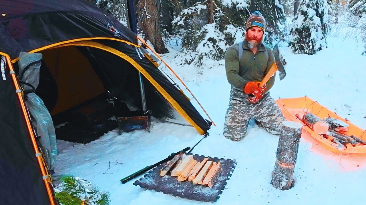 Dangerously Cold Temps - Winter Hot Tent Camping With My Dog | Wood Stove | ASMR (No Talking)