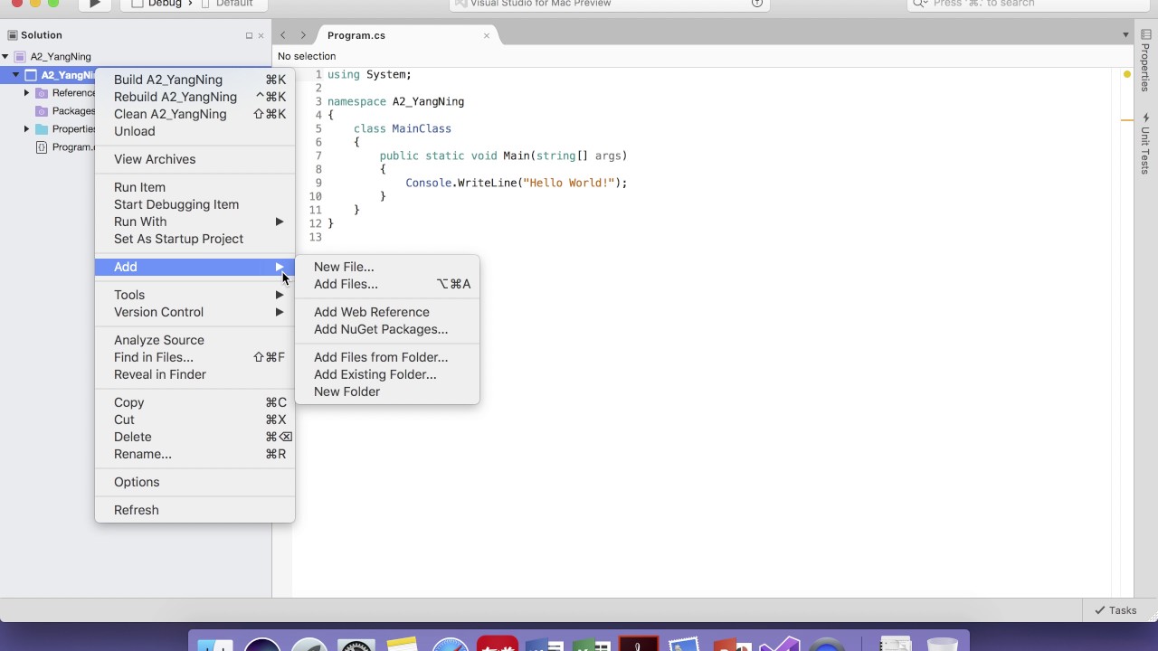 Mac_How to create and add a Class in Visual Studio