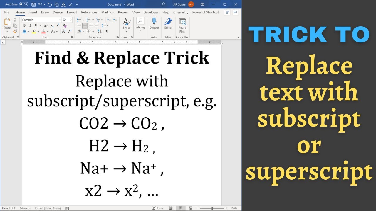 Ms Word trick to replace text with subscript or superscript [2022]