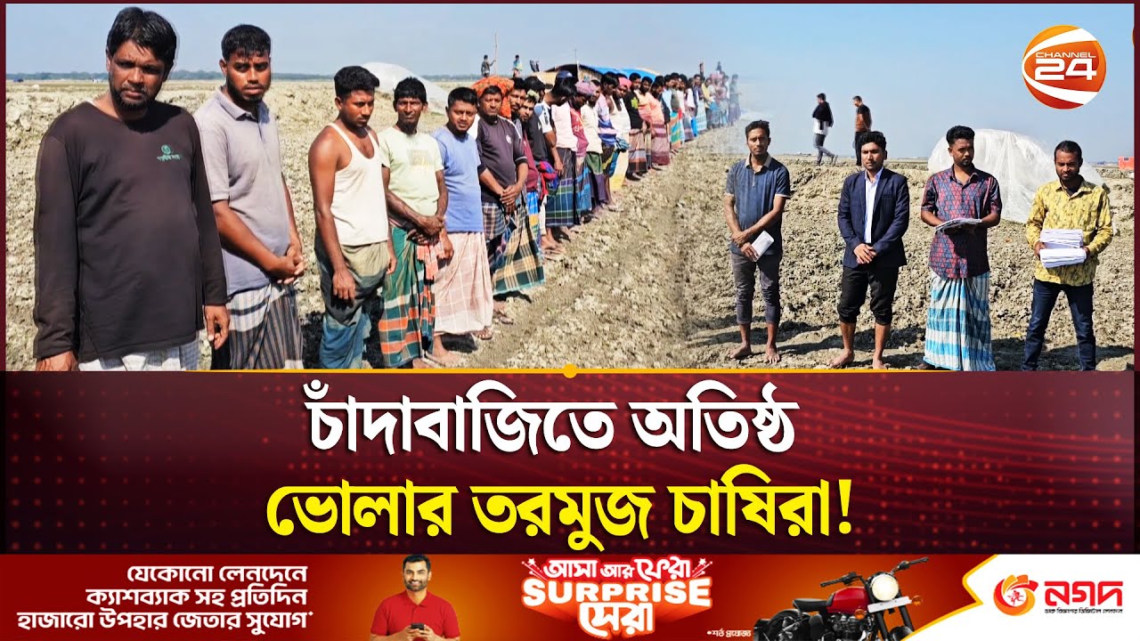 ভেলুমিয়া চরে তরমুজ চাষিদের মানববন্ধন: চাঁদাবাজদের বিরুদ্ধে প্রতিবাদ | Bhola | Channel 24