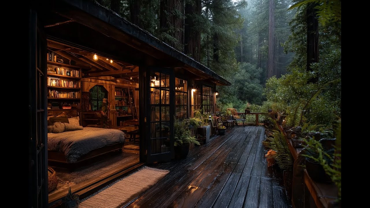 Mountain View Bedroom at Night 🌧️ Heavy Rain on Deck for Sleep