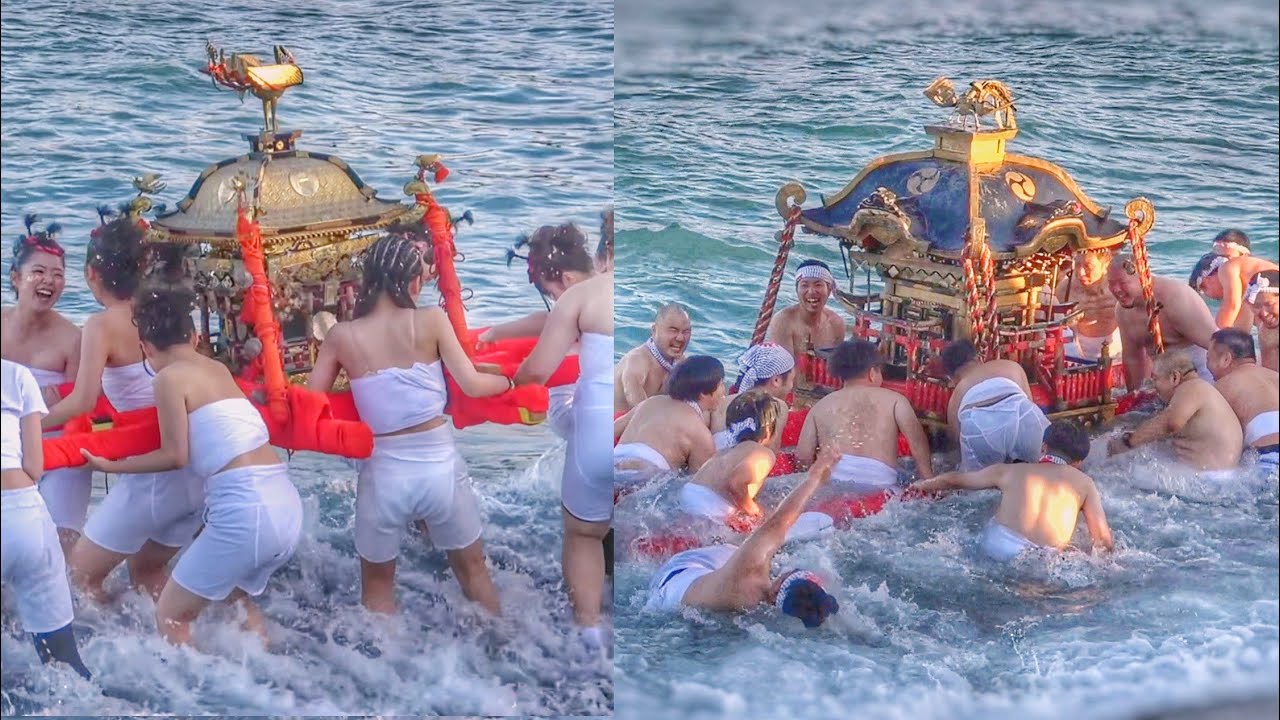 冬海の熊野灘🌊押し寄せる波に向かう 男·ギャル 神輿 2024.11.23 三重県南牟婁郡 紀宝町 うどのまつり 烏止野神社 例大祭 禊ぎ
