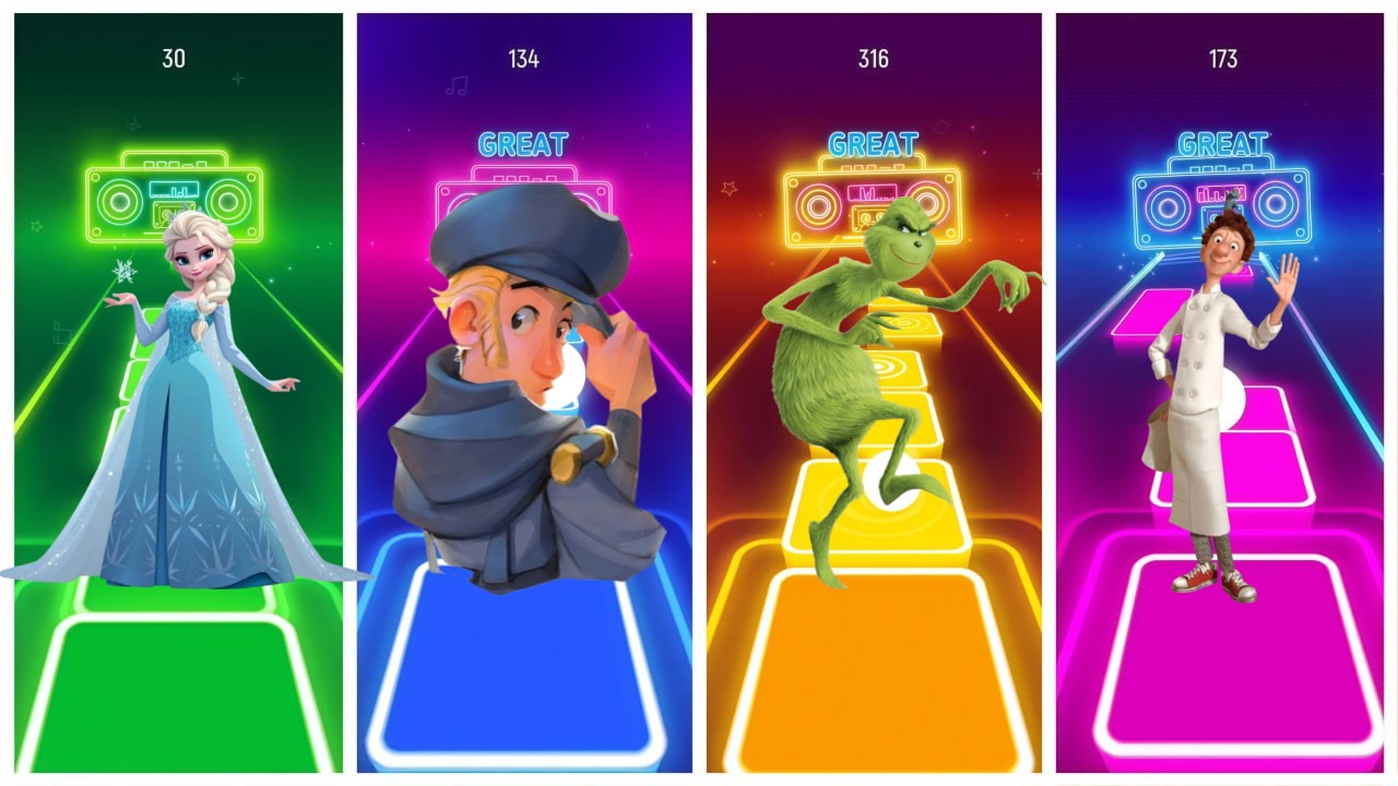 Frozen 🆚Klaus 🆚The Grinch🆚Ratatouille Tiles Hop EDM Rush🎶| Who Is Best?