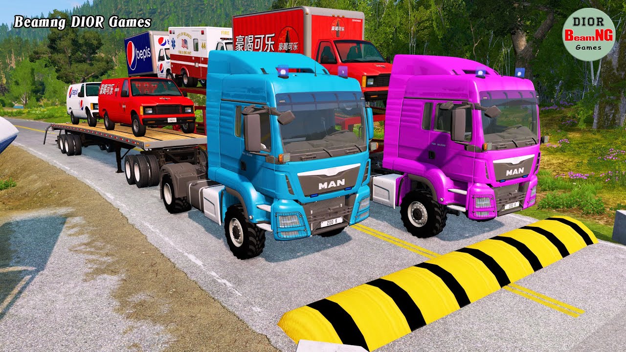 Double Flatbed Trailer Truck vs speed bumps|Tractor vs Train|Beamng Drive|224