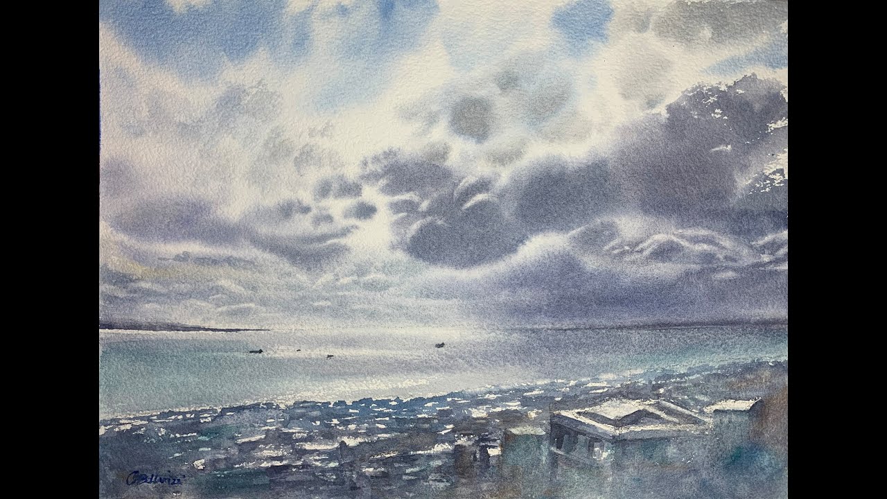 Seascape with dramatic sky. Watercolor painting, full process.
