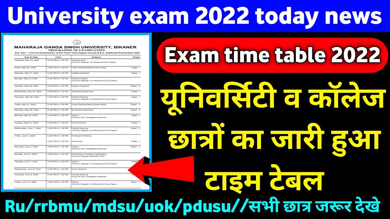 University & college exam time table declared ।। time table of 2022 ।। mgsu ।। ru ।। rrbmu ।। msbu ।