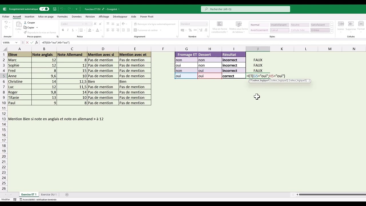 Excel : fonction ET(), fonction OU()