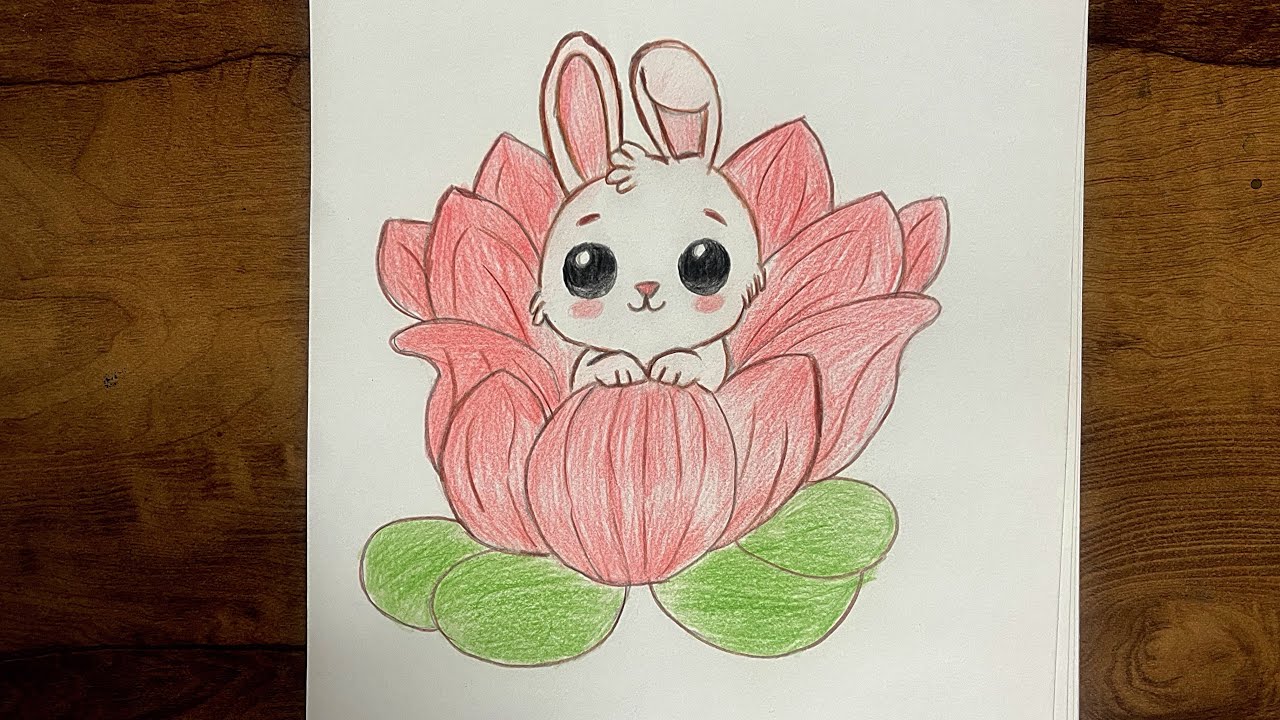 Cute rabbit on lotus || easy drawing for kids